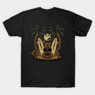 Tiki skull surfer palm trees beach .Hallloween T-Shirt
